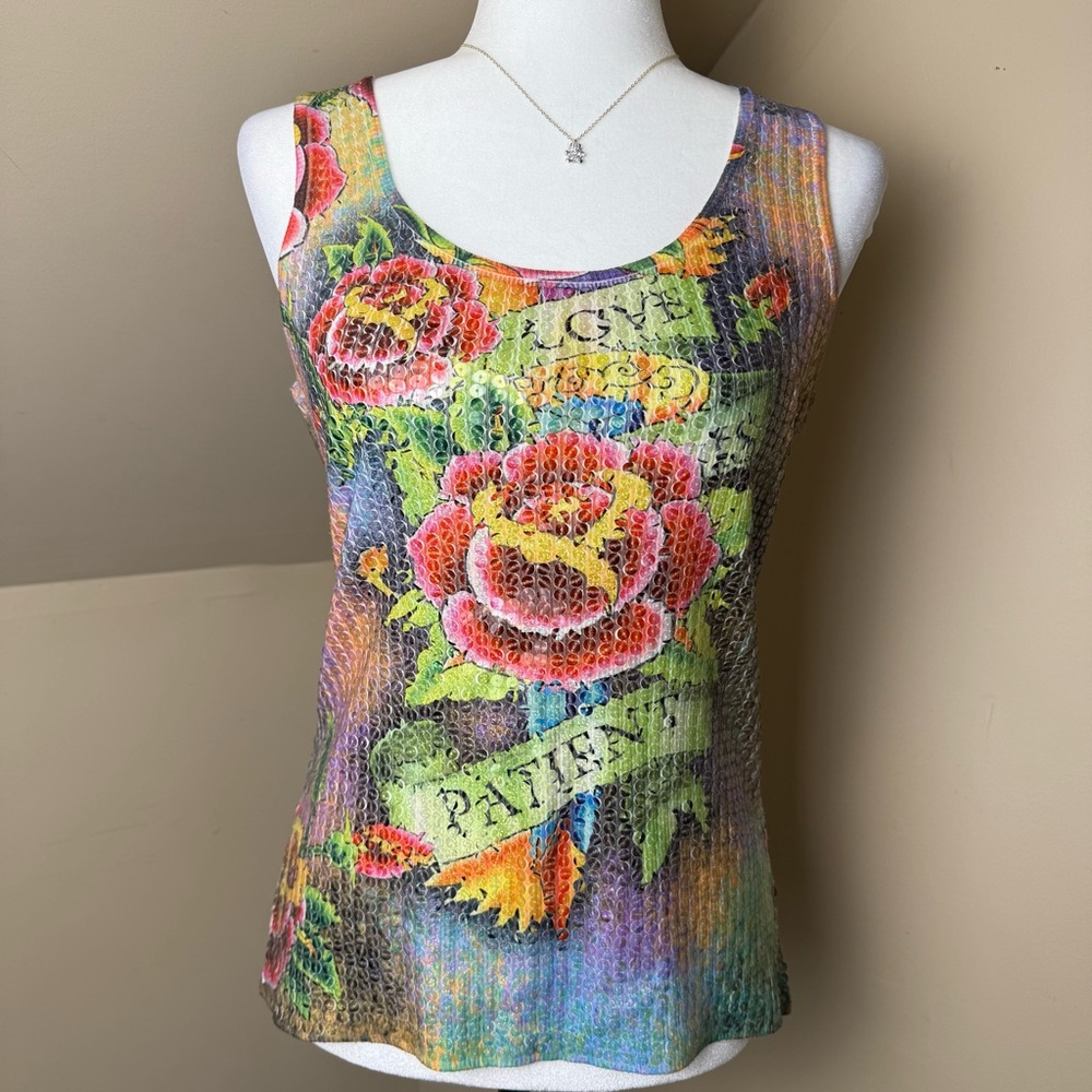 Majora Y2K Sequin‎ Cami Tattoo Style Floral Top Size L